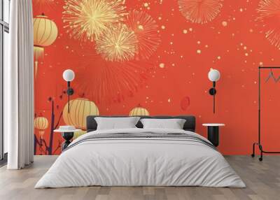 An illustration of Chinese New Year fireworks with lanterns set against a solid color background, capturing the excitement and festive atmosphere of the holiday celebration. Wall mural