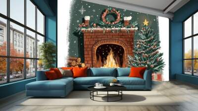 Cozy illustration of a fireplace with a Christmas tree and festive decorations, creating a warm holiday atmosphere. Christmas illustration. Wall mural