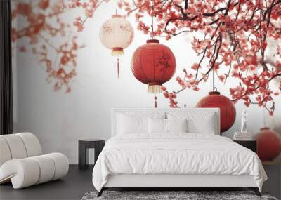 Dongzhi festival celebration frame featuring lanterns and plum blossoms on a white background, blending mid-autumn and Chinese New Year motifs. Wall mural