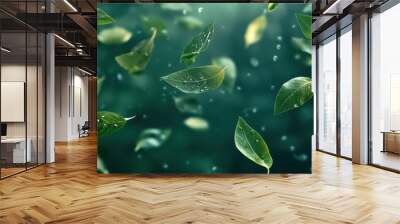 Simple and fresh image of green leaves floating and dancing in the air, creating a light and airy atmosphere. Shot with a professional DSLR camera in high resolution. Wall mural