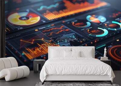 Close-up on a high-tech financial data visualization interface with dynamic charts and graphs on a digital screen. Wall mural