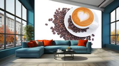 A cup of cafe latte and coffee beans on white Wall mural