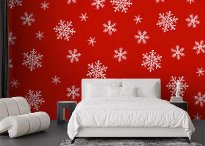 Christmas background of big and small snowflakes, white on red Wall mural