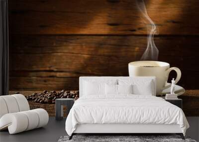 Coffee cup and coffee beans on old wooden background Wall mural