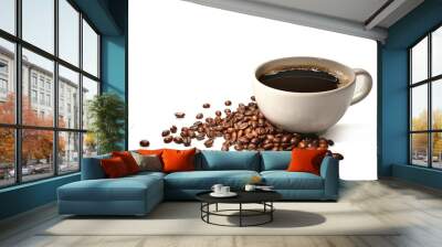 Cup of coffee and coffee beans isolated on white background Wall mural