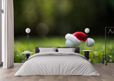 Festive-looking golf ball on tee with Santa Claus' hat on top for holiday season on golf course background Wall mural