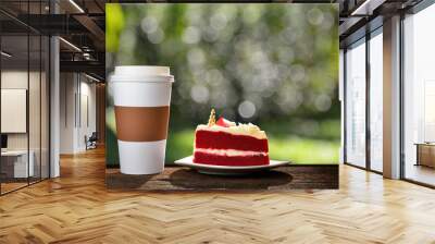 Paper cup of coffee and cake in the garden Wall mural