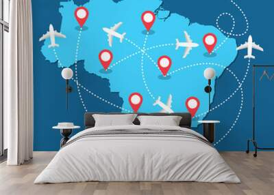 Planes routes flying over Brazil map, tourism and travel concept Illustrations Wall mural