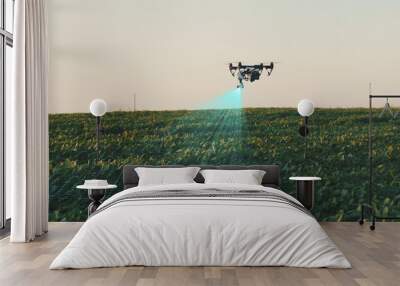 Flying Smart Agriculture Drone. Artificial Intelligence. Drone Scan Agriculture Farm. Agriculture Innovation. Farming Field Industry. Analyze the Field. Professional Vehicle Aircraft. Wall mural