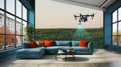 Flying Smart Agriculture Drone. Artificial Intelligence. Drone Scan Agriculture Farm. Agriculture Innovation. Farming Field Industry. Analyze the Field. Professional Vehicle Aircraft. Wall mural