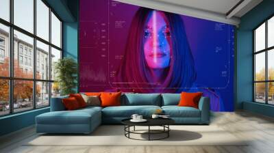 Future. Face Detection. Technological 3d Scanning. Biometric Facial Recognition. Face Id. Technological Scanning Of The Face Of Beautiful Woman. Neon Portrait. Bright Neon Lights. For Facial Wall mural