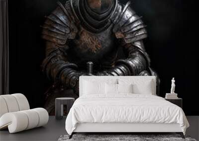 A knight in heavy metal armor knelt on one knee. Wall mural