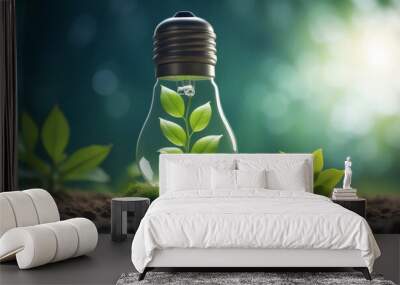 A light bulb with a plant in it for green energy Wall mural