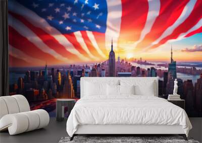 The city of New York City with a huge US flag in the sky Wall mural