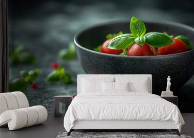 Illustration AI fresh basil and cherry tomatoes in a black bowl. Veganism, diet, healthy. Wall mural