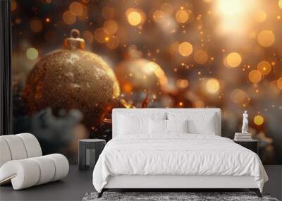 Illustration AI golden christmas ornament with star anise and festive bokeh. Christmas, celebration. Wall mural