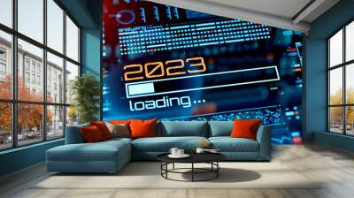 2023 year progress bar on digital lcd display with reflection. Abstract technology background. 3D rendering. Wall mural