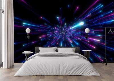 Abstract background in blue and purple neon glow colors. Speed of light in galaxy. Explosion in universe. Cosmic background for event, party, carnival, celebration or other. 3D rendering. Wall mural