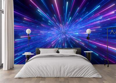 Abstract background in blue and purple neon glow colors. Speed of light in galaxy. Explosion in universe. Space background for event, party, carnival, celebration, anniversary or other. 3D rendering. Wall mural