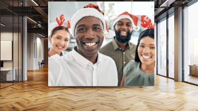 Office team selfie, Christmas party and celebration with a smile. Diversity, hard workers and happy business people celebrating together after success, good finance or financial year at the company. Wall mural