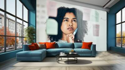 Thinking of marketing strategy on sticky note, post it paper for planning creative advertising idea and thinking of reminder on glass board. Business woman with plan for startup company at work Wall mural