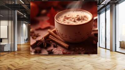 A steaming cup of hazelnut chai surrounded by cinnamon sticks Wall mural