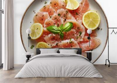 High definition topview commercial photo of Carpaccio di Pesce on plate Wall mural