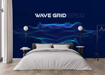 Digital art wave particles grid for design. Dynamic wave flow. Abstract 3d art background. Cyber space background. Particles vector. Wall mural