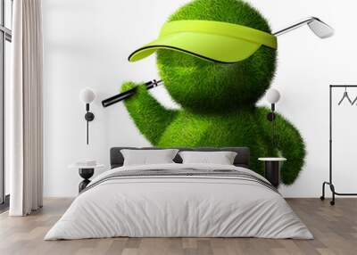 cute green person playing golf. Wall mural