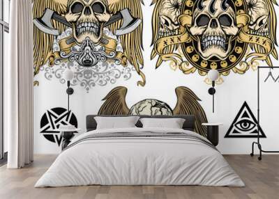 set, gothic sign with skull, grunge vintage design t shirts Wall mural