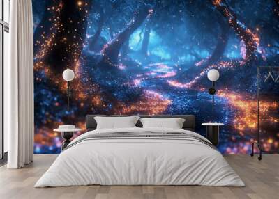 A fantastical forest scene, where the trees are alive with glowing blue lights and fiery orange sparks. Wall mural