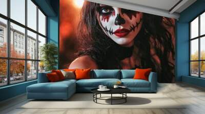 A woman dressed as a skeleton with red roses in her hair. Wall mural