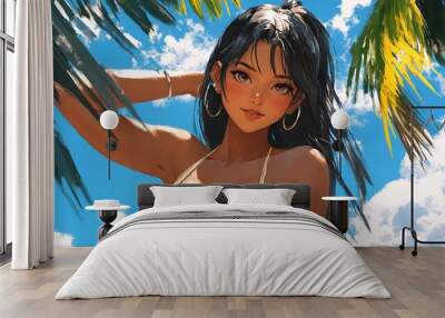 A woman in a bikini standing under a palm tree. Wall mural