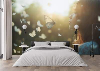 A woman looking up at a butterfly flying in the air. Wall mural