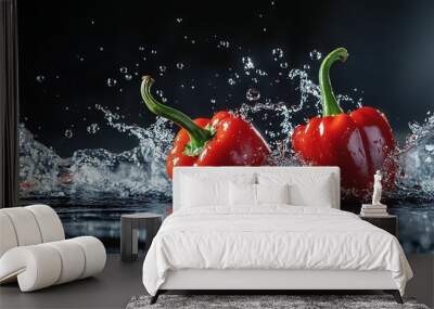 Red hot chilies pepper fall into clear water isolated on black background Wall mural