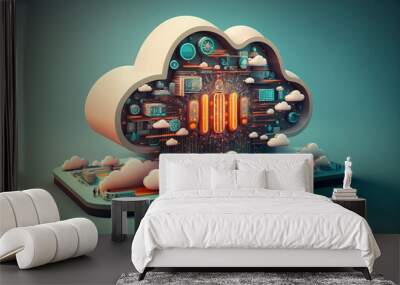 Colorful Cloud Computing Server System, Modern Networking Technology Concept, generative ai Wall mural