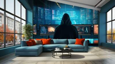 Unseen Hacker's Realm: Hooded Hacker in Modern Technological Monitoring Control Room with Digital Screens Background Wall mural