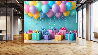 Colorful pastel balloons & gift boxes with ribbons decoration for celebration, Generated by Ai
 Wall mural