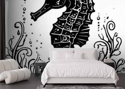 Hand drawn seahorse doodle art on white background Wall mural