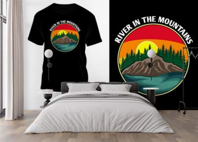 river in the mountains retro t shirt design Wall mural