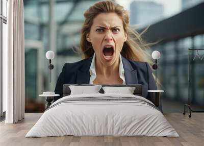 Angry stressed businesswoman screaming shouting in her office portrait Wall mural