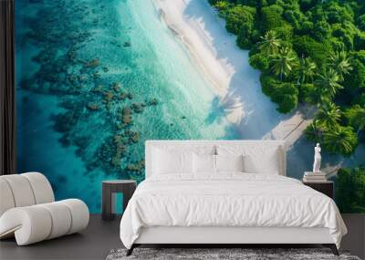 Ariel view of tropical beach with white sand and blue water, green forest with palm trees Wall mural