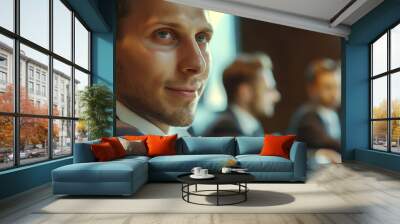 Close-Up Portrait of Happy Young Businessman in Meeting | Side View, Team Collaboration, Professional Setting Wall mural