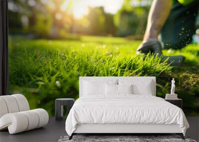 Close up view of professional worker laying lawn grass rolls, modern landscape artist doing backyard Wall mural