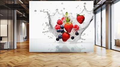 Fresh raspberry and blueberry fall into water splash in white background Wall mural