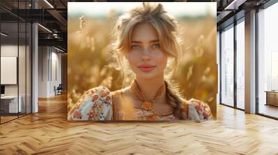 Portrait of Latvian Girl Wearing Traditional Dress with Floral Wreath, Showcasing European Cultural Heritage, Vibrant Colours and Handcrafted Details, with Embroidery, Outdoor summer Grass Field Wall mural