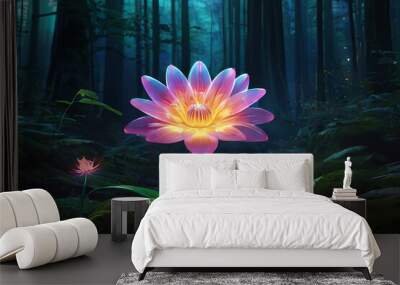 Discover the enchantment of a luminous fantasy flower blooming amidst a mystical forest in this captivating digital art piece Wall mural