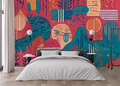 Risograph aesthetic figures. Abstract background. Unique and artistic design.  Wall mural