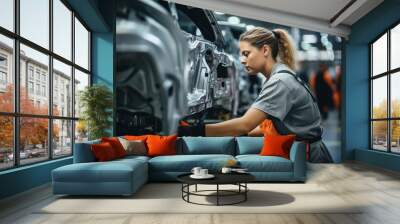 Young female worker working in a production line of modern car manufacturing factory, engineer working with high - tech machinery Wall mural