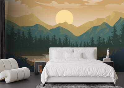 Silhouette of nature landscape. Mountains, forest in background Wall mural